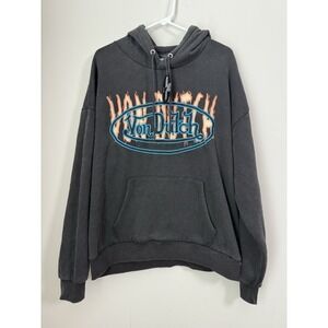 Von Dutch Moto Flame Hoodie Dark Gray Graphic Logo Pullover  NEW LARGE